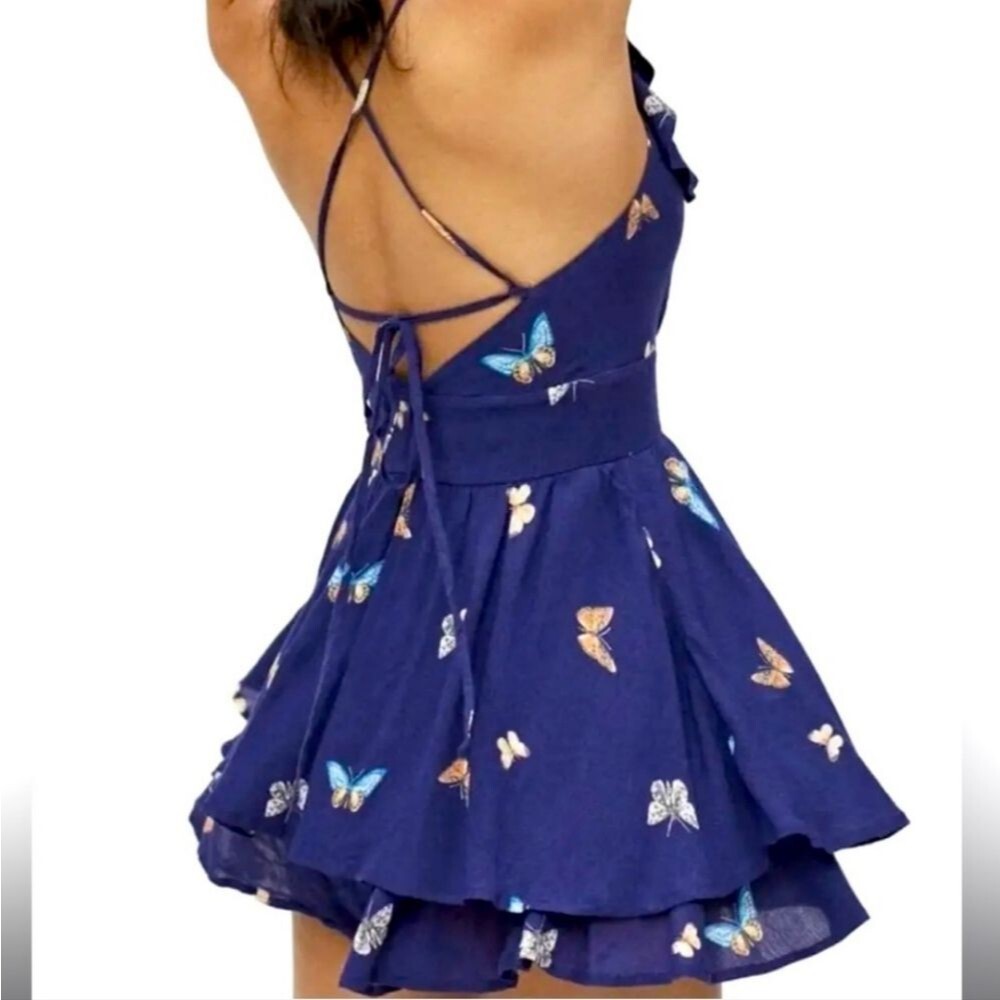 NWT Urban Outfitters Blue Butterfly Romper Emilia Ruffle Cottagecore Festival XS